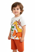 Enfant en ensemble trois dinosaures blanc - vue trois-quarts montrant ensemble complet 2 pièces - BabyCoton