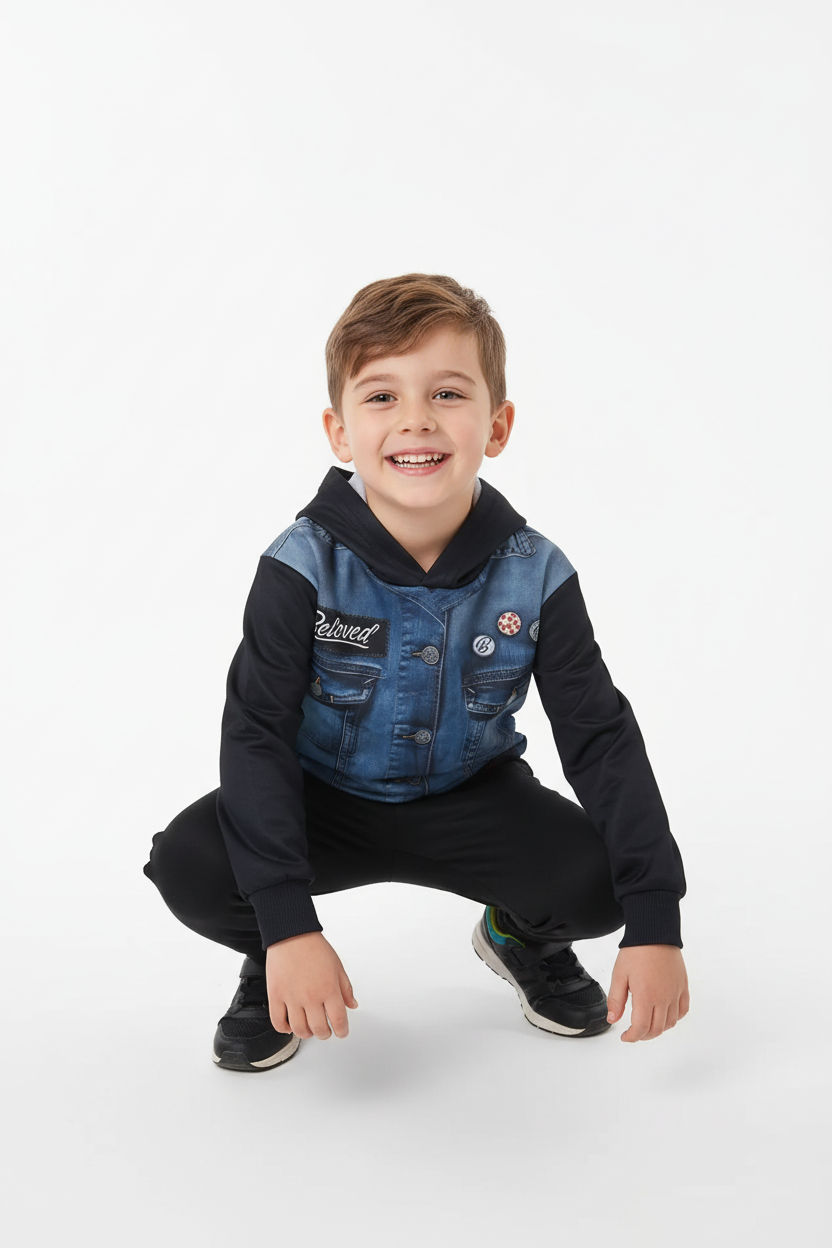  « Enfant marchant avec capuche relevée en ensemble Beloved effet veste en jean avec détails boutons et badges »