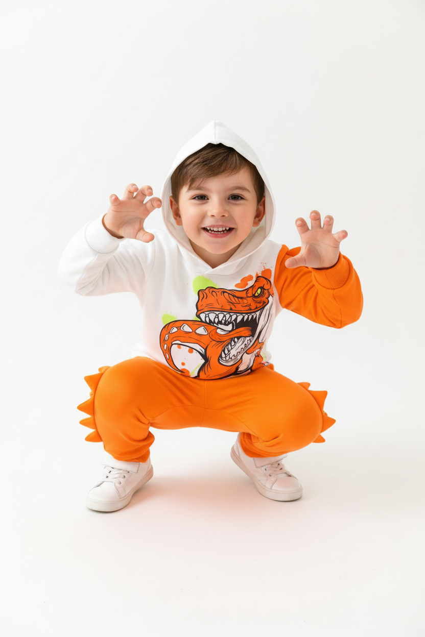 Enfant en pose dinosaure avec ensemble - vue de face