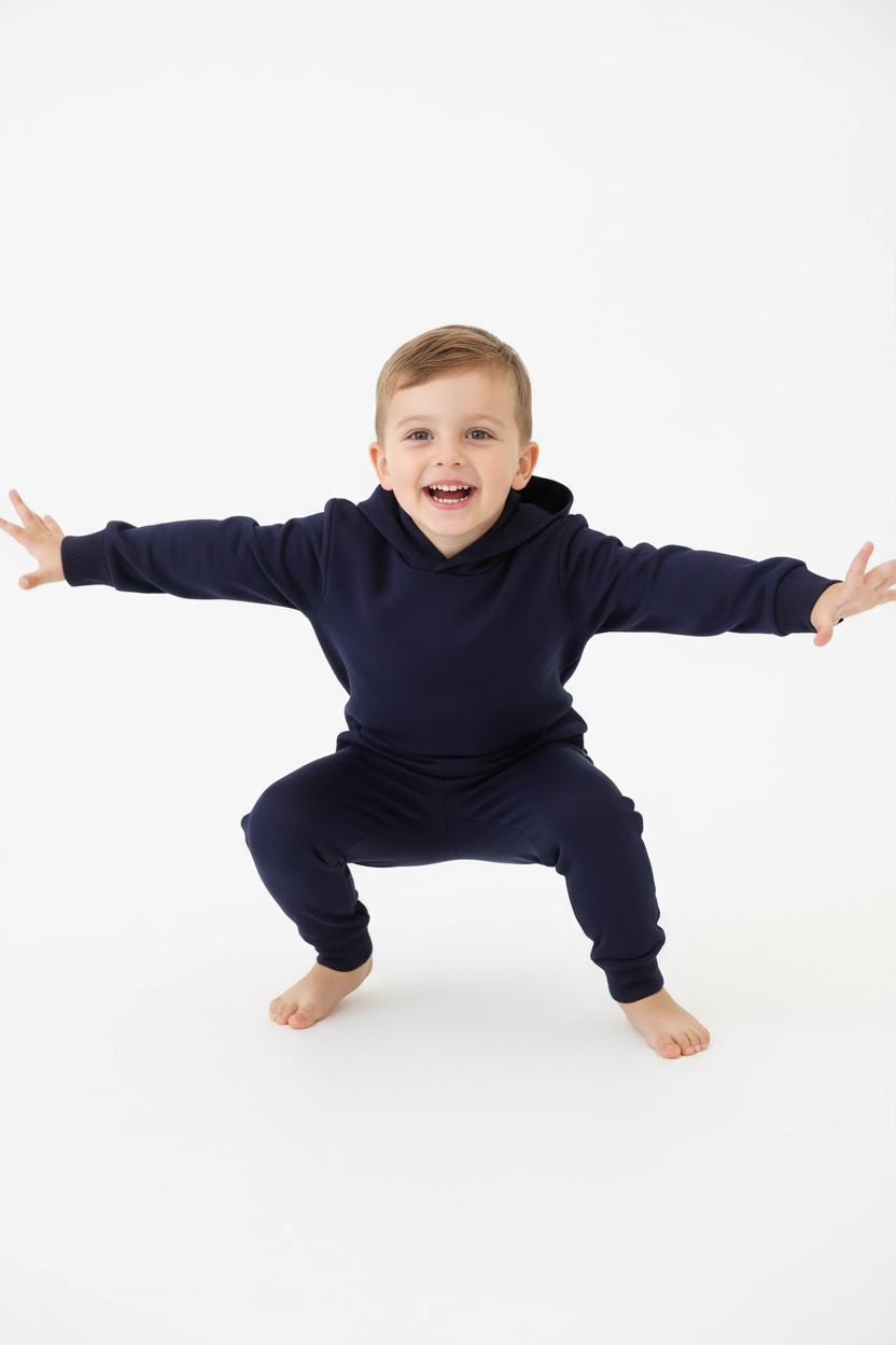 Enfant en pose dynamique avec ensemble bleu marine - vue de face