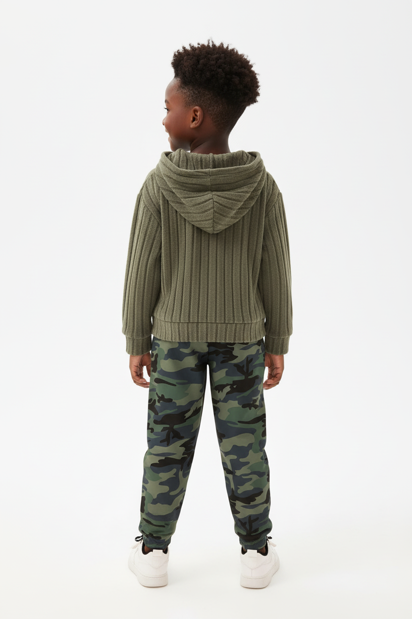 Enfant portant ensemble hoodie côtelé texturé et pantalon - vue arrière - détail coupe et finitions - photo produit fond blanc - BabyCoton
