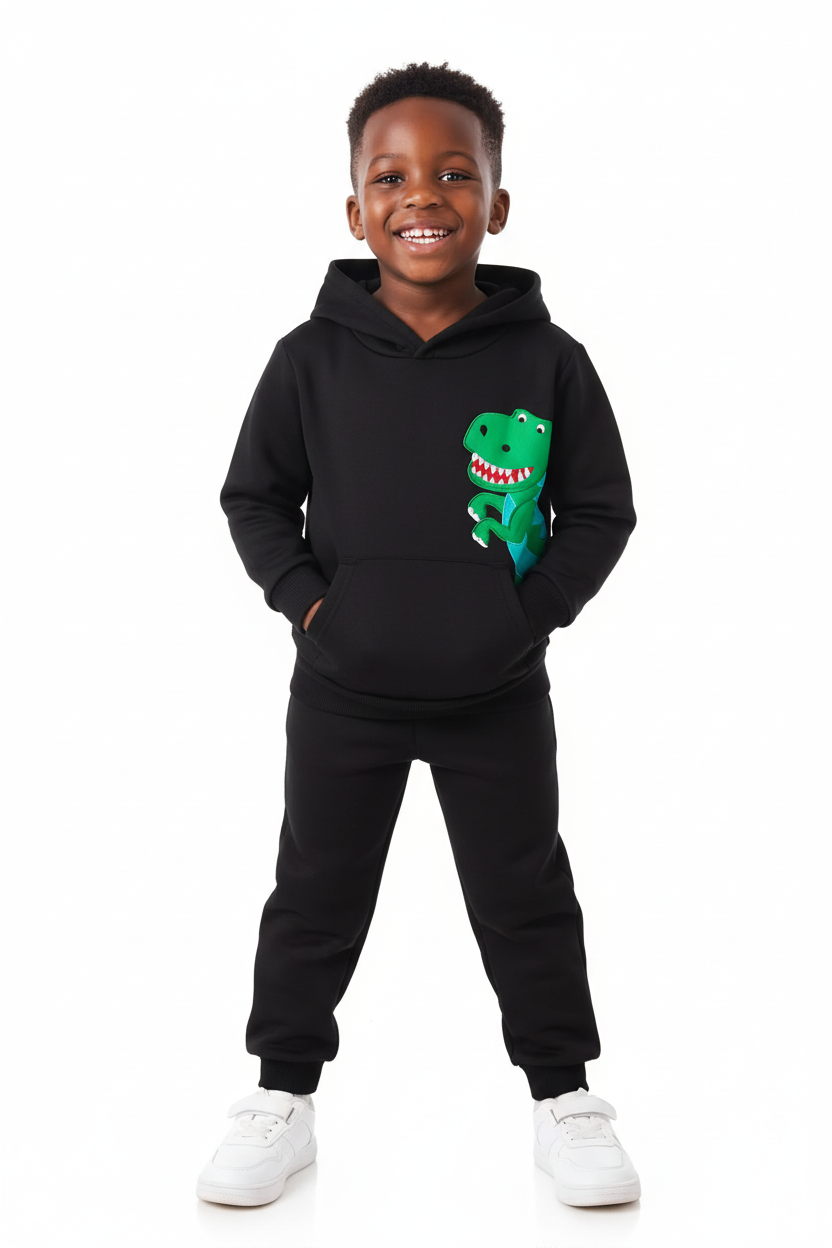 Enfant en ensemble hoodie Dinosaure graphique pantalon - pose aventureuse exploratrice - style préhistorique paléontologue - photo lifestyle fond blanc - BabyCoton Suisse
