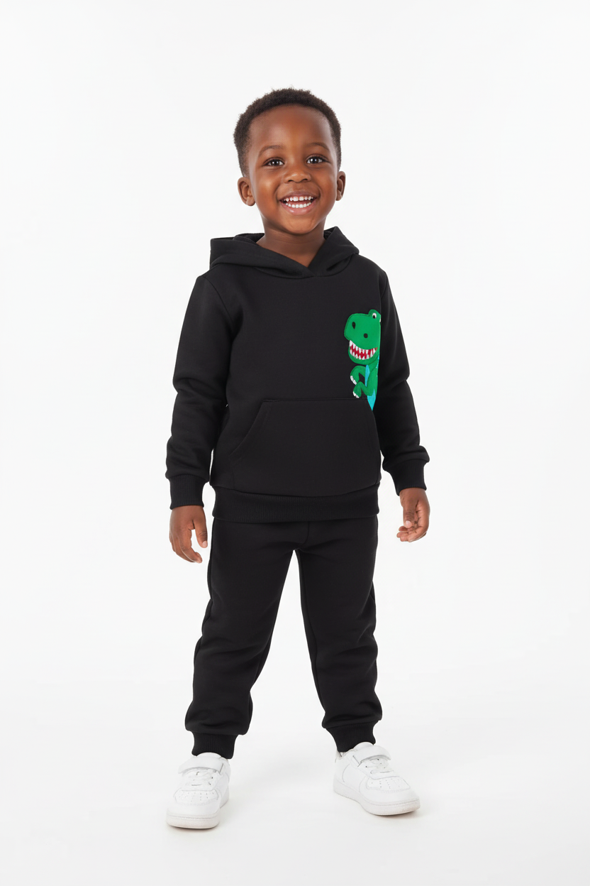 Enfant en ensemble hoodie Dinosaure graphique pantalon - pose casual décontractée - style préhistorique confortable - photo lifestyle fond blanc - BabyCoton Suisse
