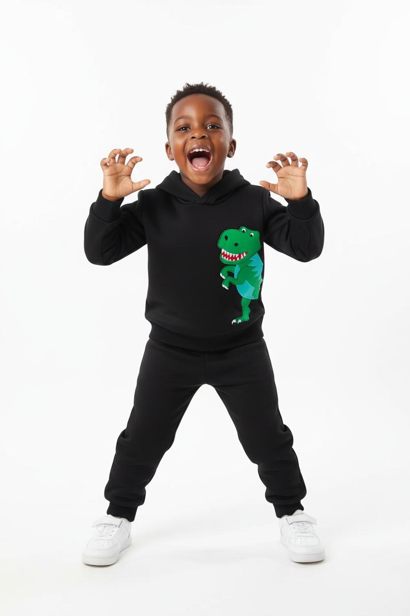 Enfant en ensemble hoodie Dinosaure graphique pantalon - pose rugissement ludique - style préhistorique amusant - photo lifestyle fond blanc - BabyCoton
