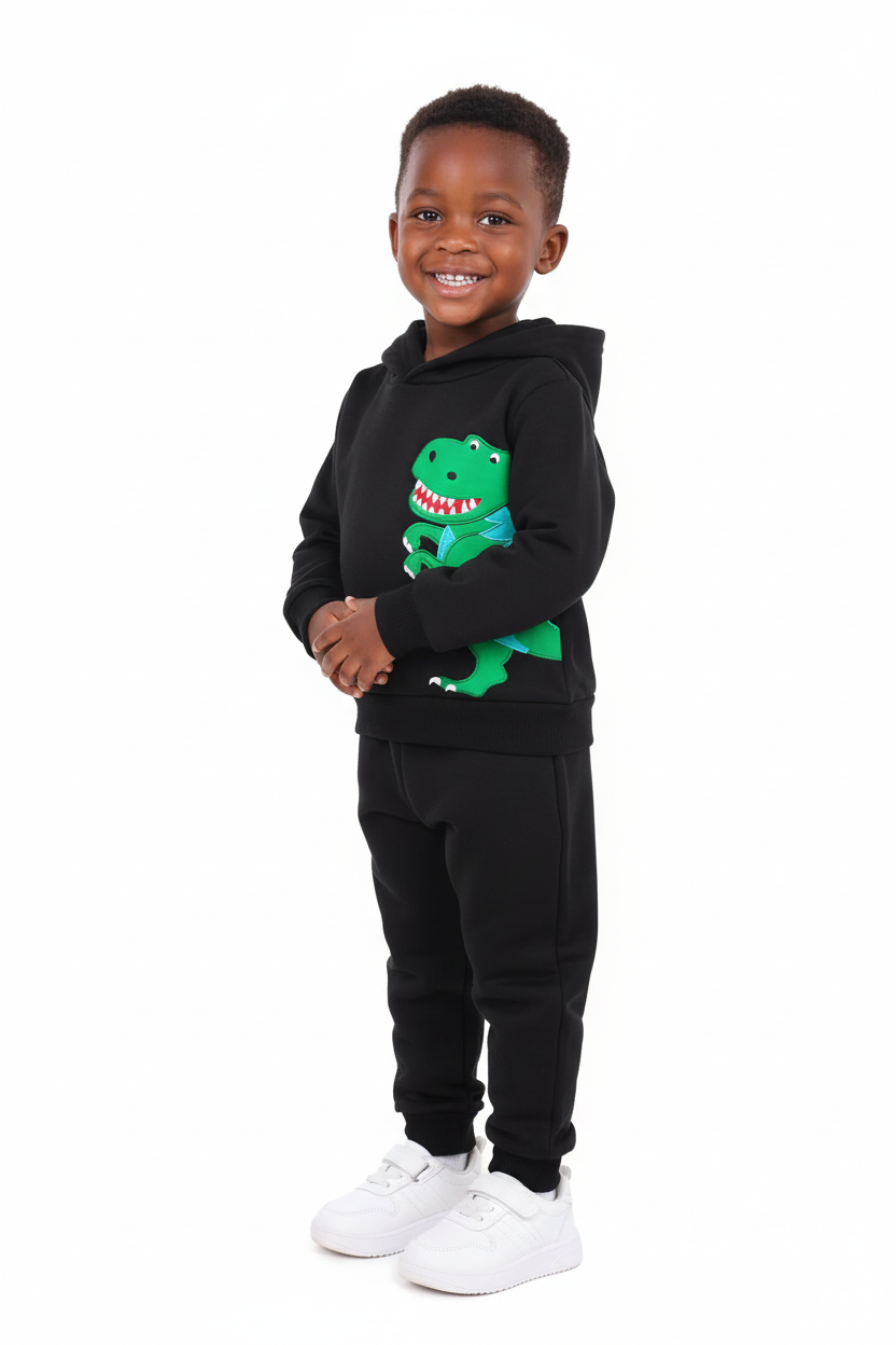 Enfant portant ensemble hoodie Dinosaure graphique et pantalon - vue trois-quarts - détail design préhistorique dynamique - photo produit fond blanc - BabyCoton Suisse
