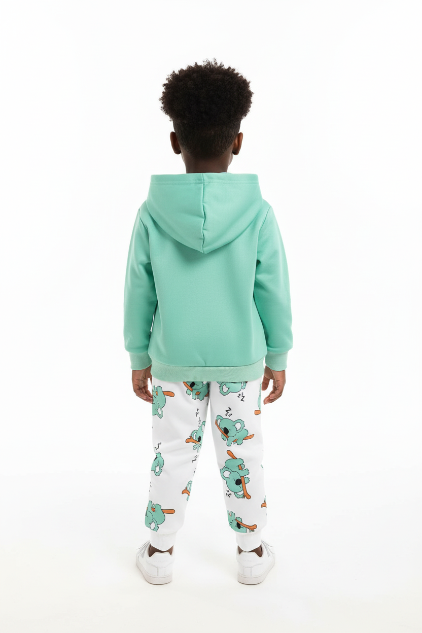 Enfant portant ensemble hoodie Koala graphique et pantalon - vue arrière - détail coupe et finitions - photo produit fond blanc - BabyCoton
