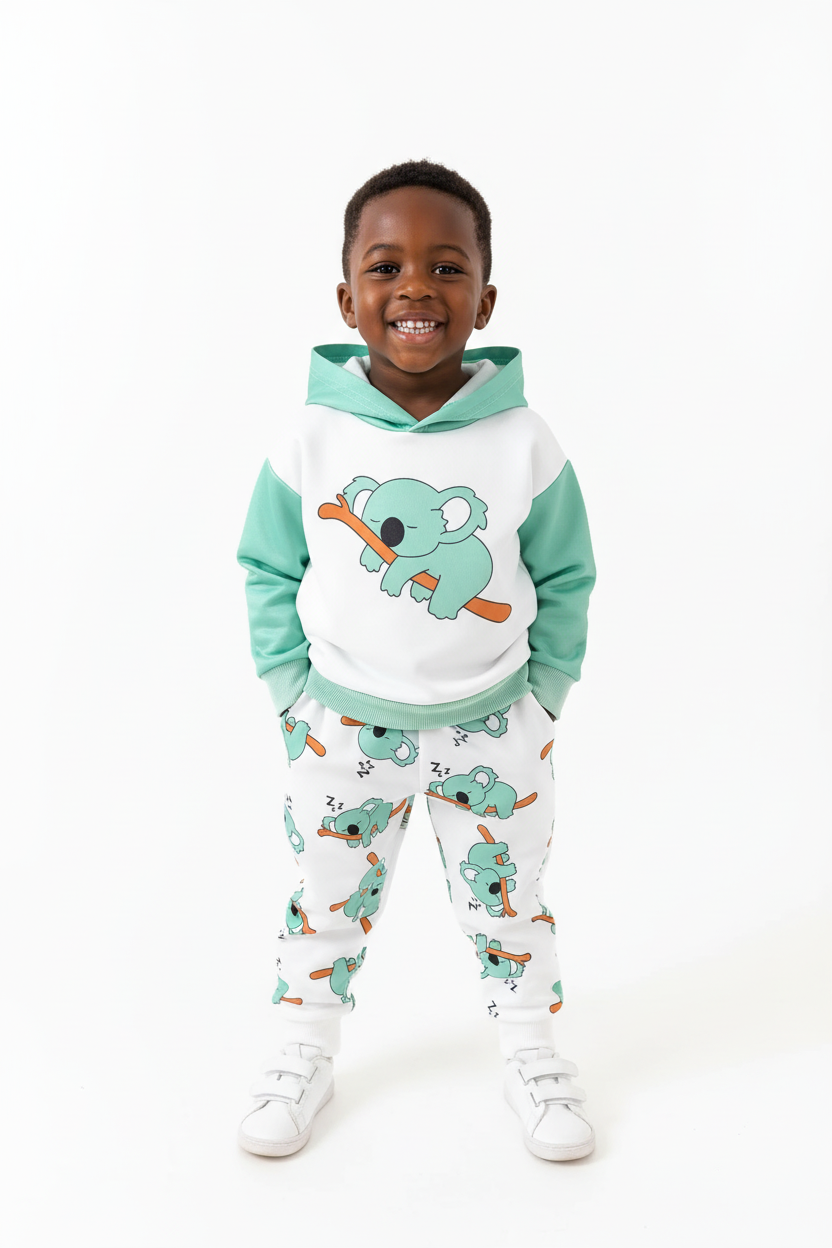 Enfant portant ensemble hoodie Koala graphique et pantalon coordonné - vue de face fond blanc - style mignon australien - photo produit BabyCoton Suisse

