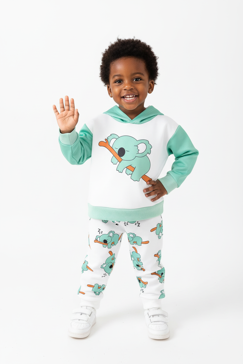 Enfant en ensemble hoodie Koala graphique pantalon - pose mignonne adorable - style tendre australien - photo lifestyle fond blanc - BabyCoton
