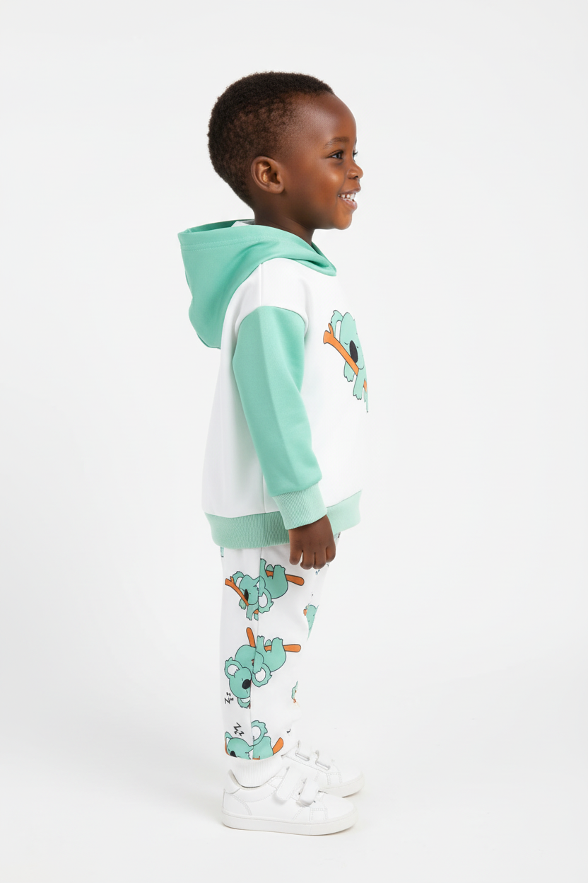 Enfant portant ensemble hoodie Koala graphique pantalon - vue de profil latérale - détail design adorable tendre - photo produit fond blanc - BabyCoton Suisse
