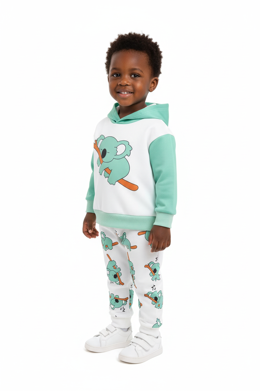 Enfant portant ensemble hoodie Koala graphique et pantalon - vue trois-quarts - détail design doux apaisant - photo produit fond blanc - BabyCoton Suisse
