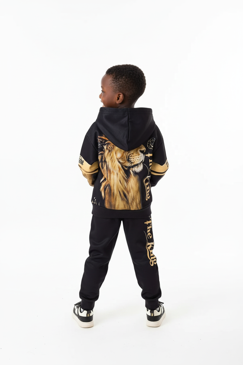 Enfant portant ensemble hoodie Roi Lion graphique et pantalon - vue arrière - détail coupe et finitions - photo produit fond blanc - BabyCoton
