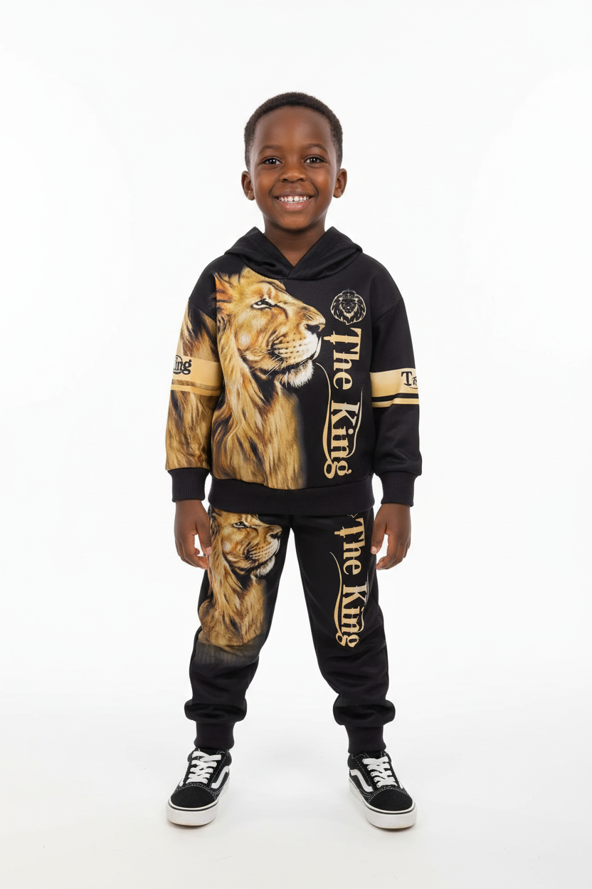 Enfant portant ensemble hoodie Roi Lion graphique et pantalon coordonné - vue de face fond blanc - style majestueux sauvage - photo produit BabyCoton Suisse
