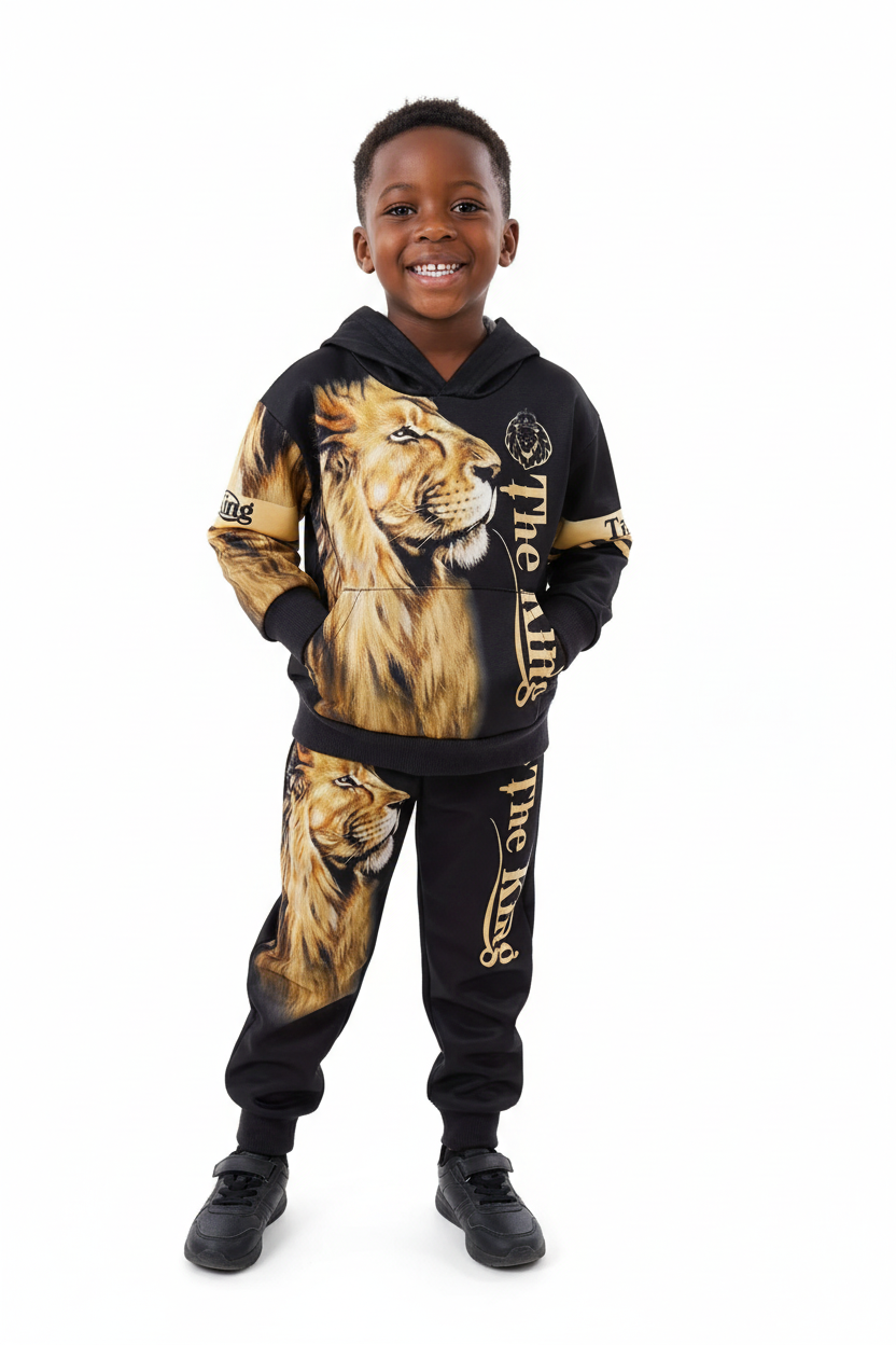 Enfant en ensemble hoodie Roi Lion graphique pantalon - pose confiante courageuse - style majestueux petit roi - photo lifestyle fond blanc - BabyCoton Suisse
