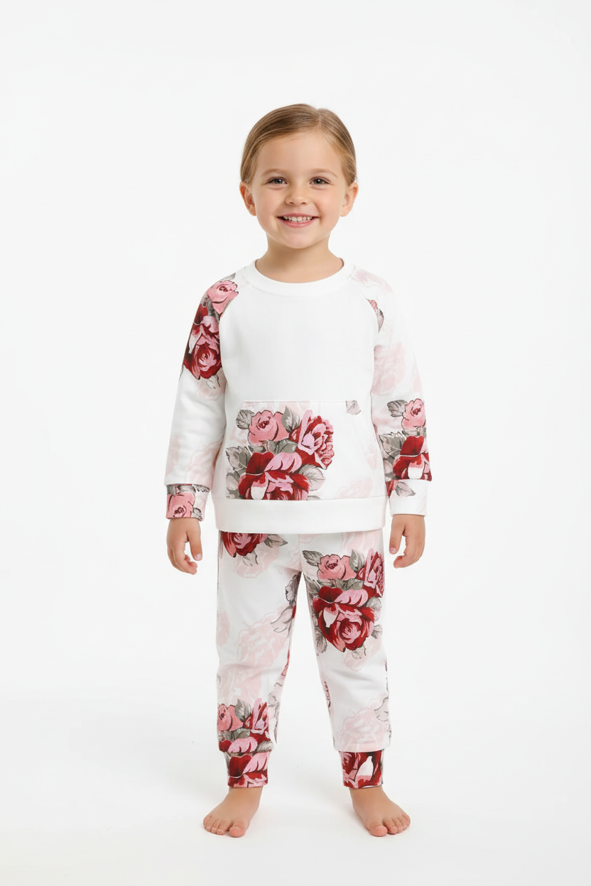 Enfant portant ensemble haut floral et pantalon 2 pièces - vue de face fond blanc - style charme fleuri délicat - photo produit BabyCoton Suisse
