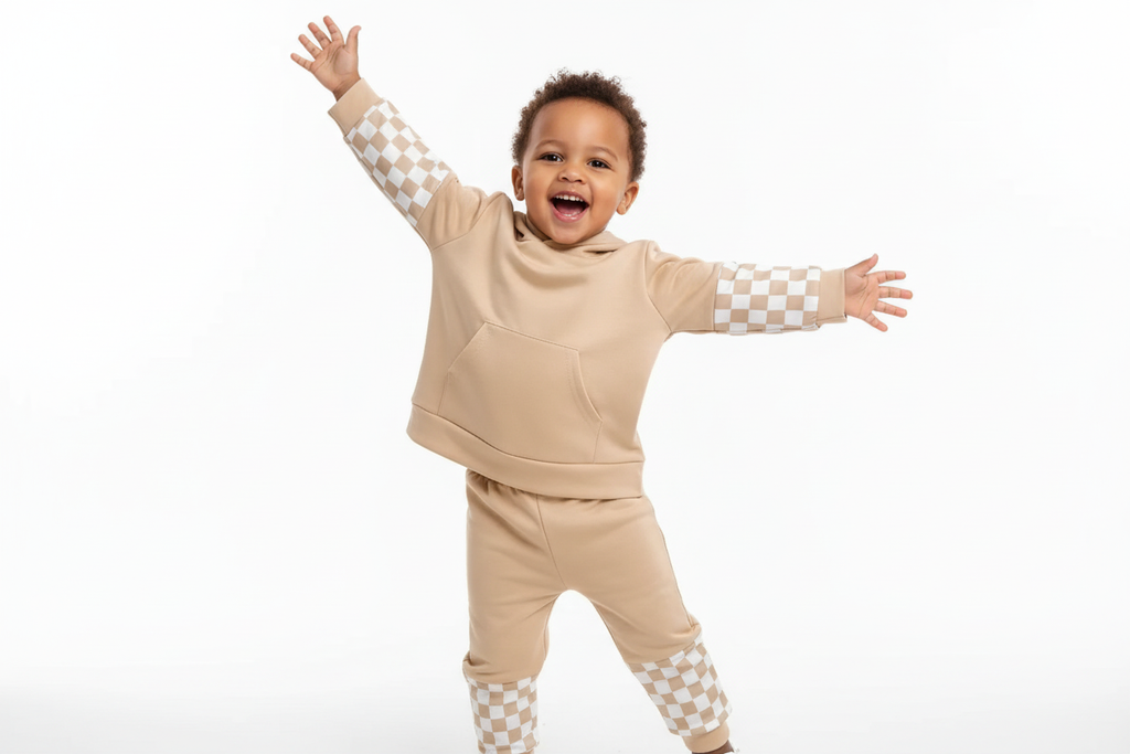 Enfant  jouant activement en portant un ensemble sweat à capuche beige avec accents à carreaux blancs et pantalon coordonné
