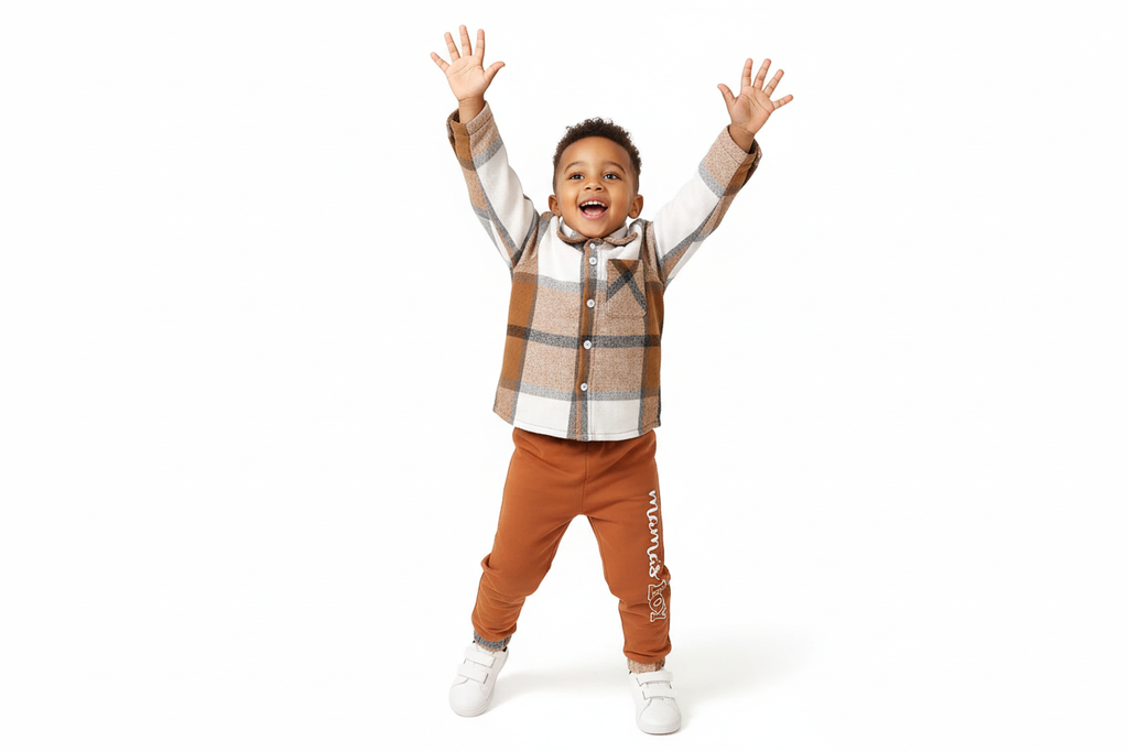 Garçon d'origine diverse jouant activement en portant une chemise boutonnée à carreaux beige et blanc avec pantalon orange
