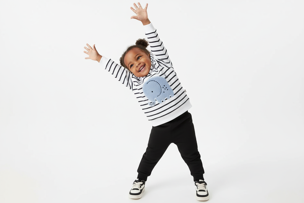 Enfant  jouant activement en portant un hoodie blanc à rayures noires avec appliqué éléphant bleu et pantalon noir
