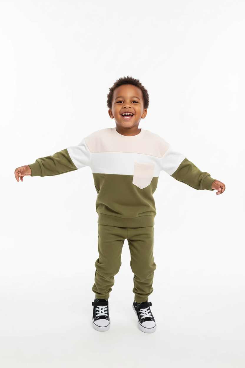 Enfant en ensemble haut color block pantalon - pose active ludique - style moderne dynamique - photo lifestyle fond blanc - BabyCoton
