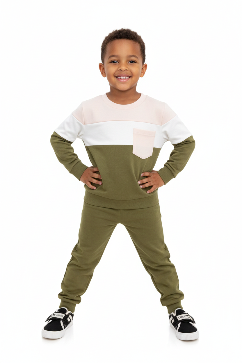 Enfant en ensemble haut color block pantalon - pose fashionista confiante - style moderne audacieux - photo lifestyle fond blanc - BabyCoton Suisse
