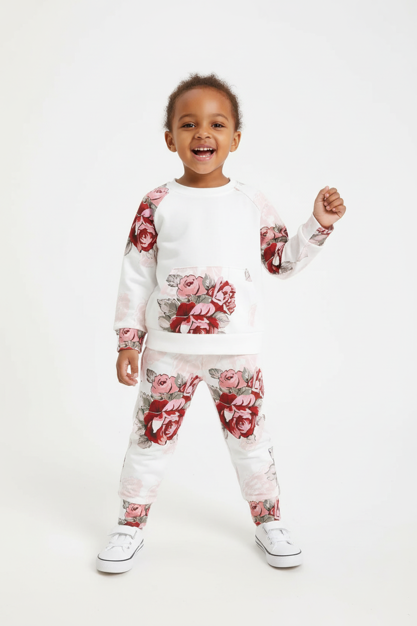 Enfant en ensemble haut floral pantalon - pose élégante gracieuse - style charme fleuri raffiné - photo lifestyle fond blanc - BabyCoton Suisse
