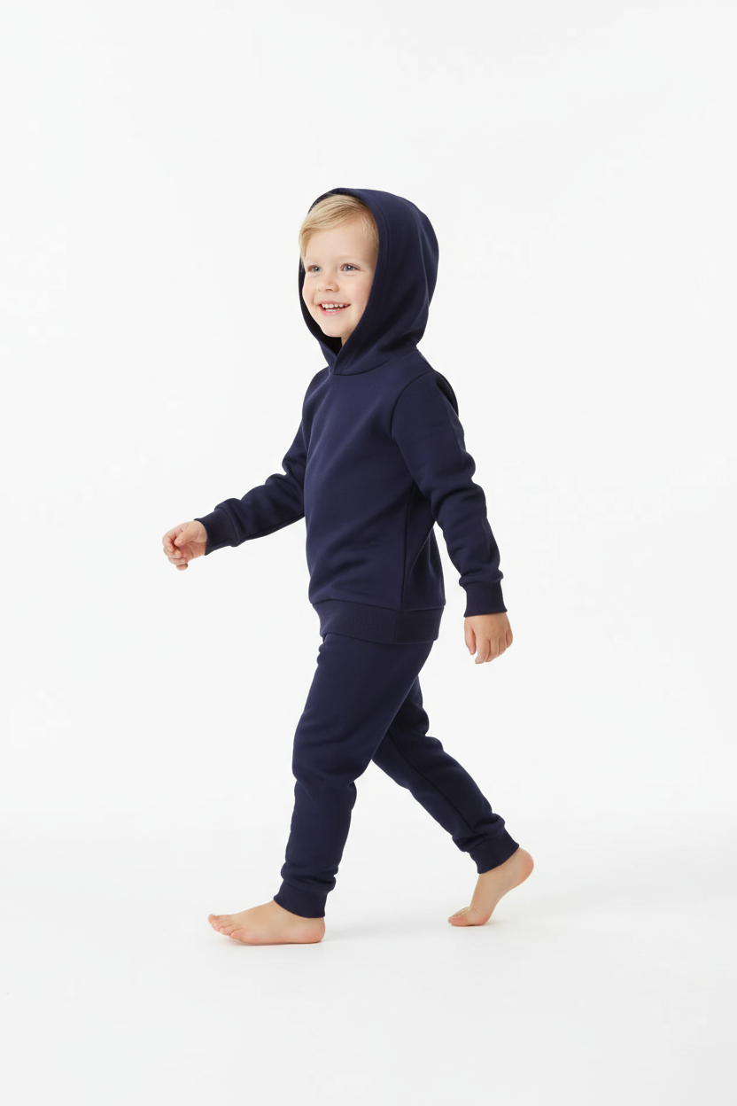 « Enfant marchant avec capuche relevée en ensemble bleu marine confortable »