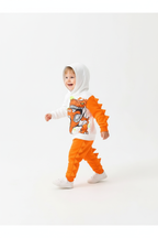   Enfant marchant avec capuche relevée en ensemble dinosaure blanc et orange avec picots 3D »