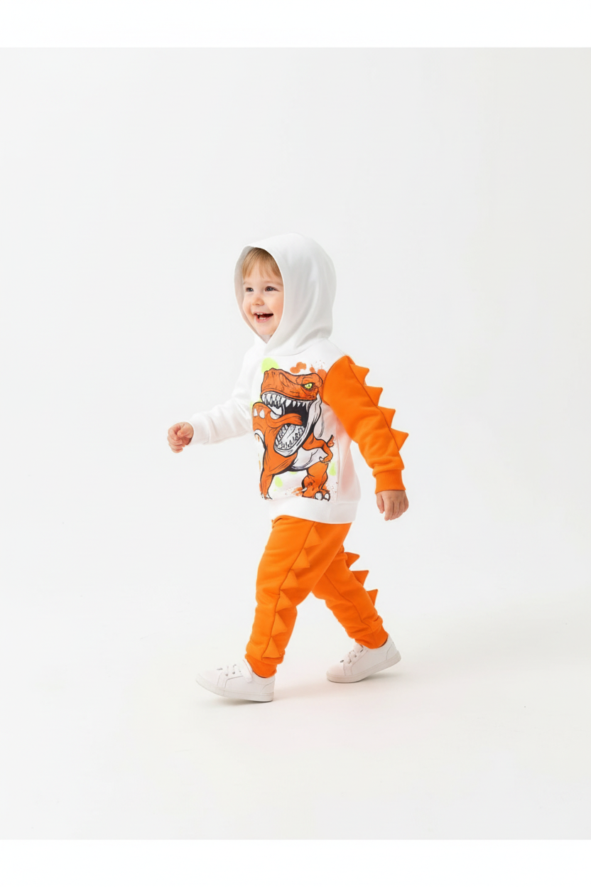   Enfant marchant avec capuche relevée en ensemble dinosaure blanc et orange avec picots 3D »
