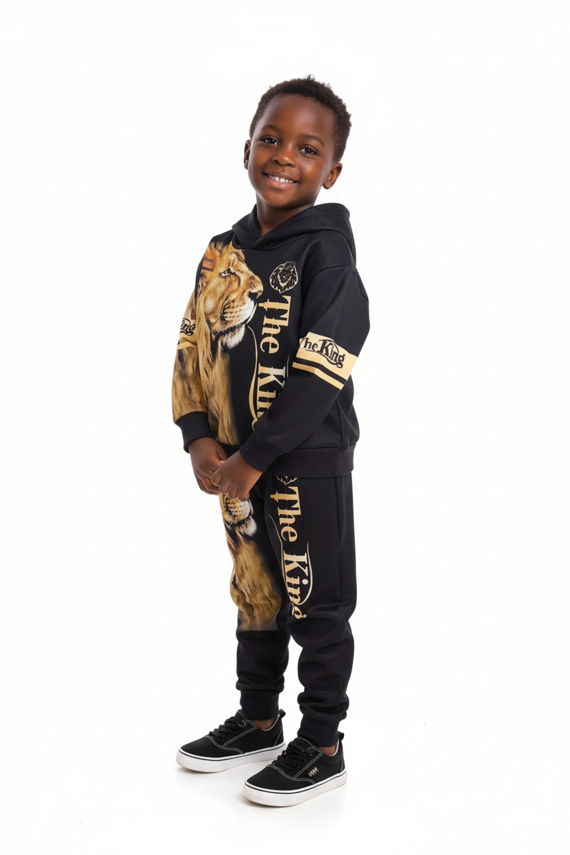 Enfant portant ensemble hoodie Roi Lion graphique et pantalon - vue trois-quarts - détail design sauvage puissant - photo produit fond blanc - BabyCoton Suisse
