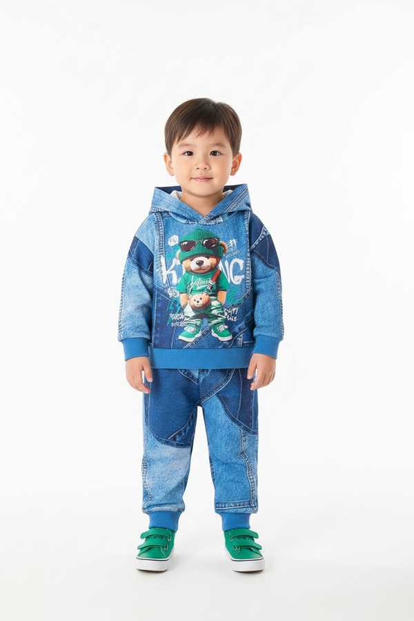 Enfant portant ensemble hoodie en denim bleu avec graphique ourson adorable portant lunettes de soleil et baskets vertes, pantalon denim coordonné - vue de face complète - fond blanc studio professionnel - vêtements enfant confortables - BabyCoton Suisse

