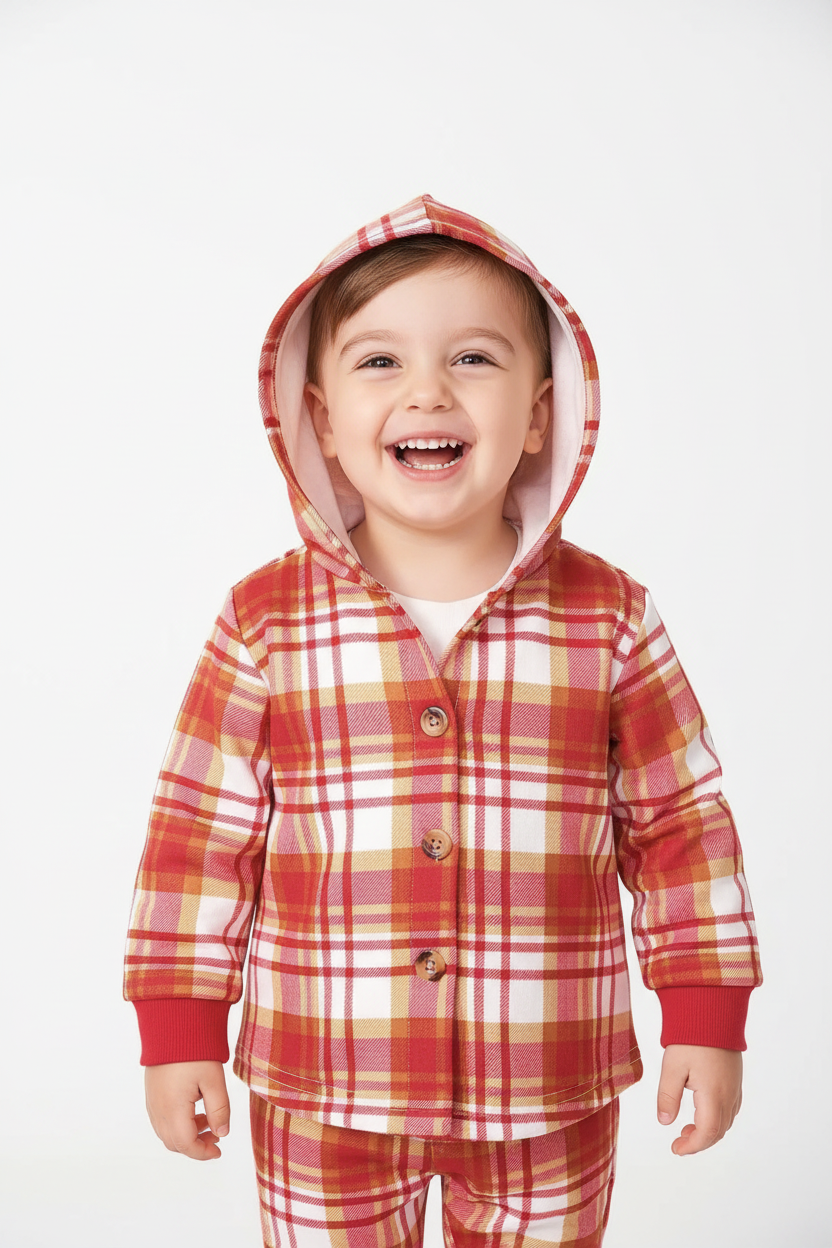 Gros plan détail veste à carreaux boutonnée avec capuche - motif carreaux visible texture tissu - boutons qualité - enfant souriant heureux - finitions soignées premium - ensemble enfant BabyCoton
