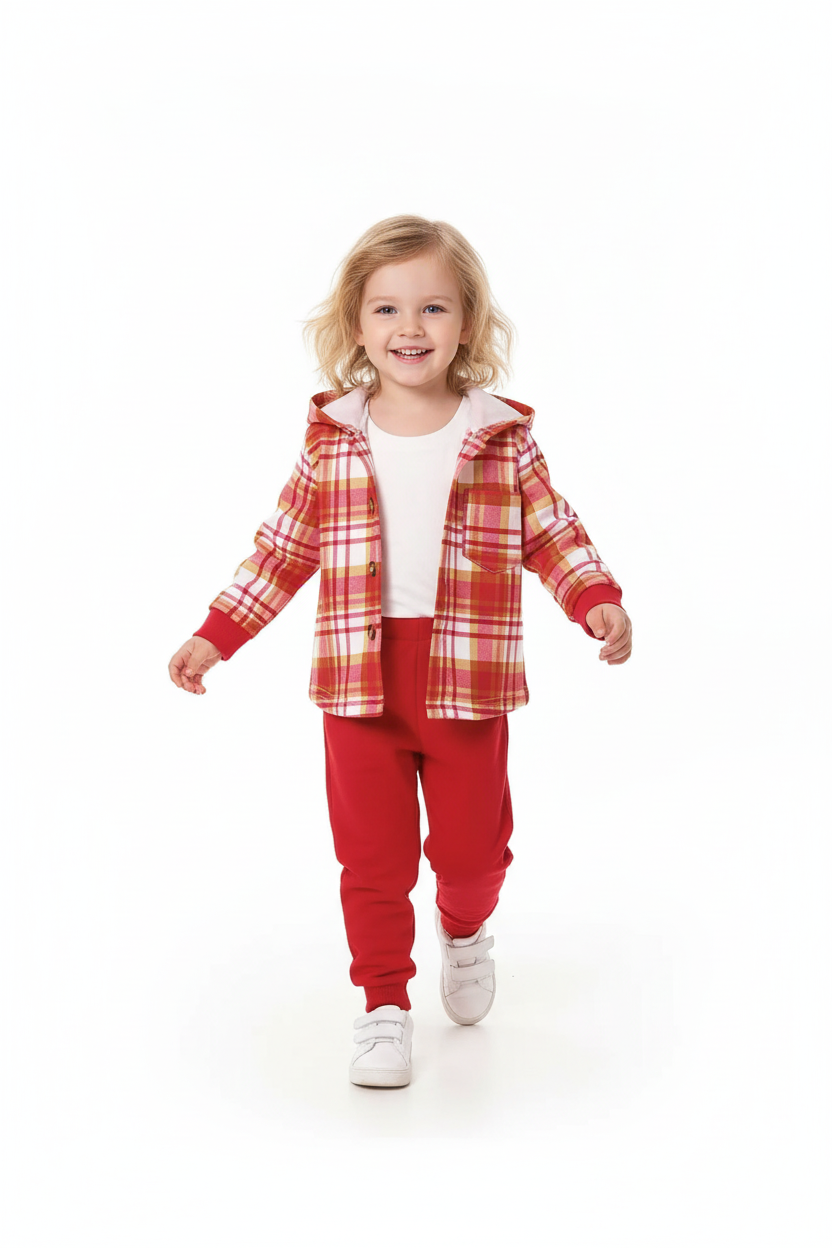 Enfant en mouvement portant ensemble veste à carreaux boutonnée avec capuche et pantalon coordonné - pose dynamique naturelle marchant - style casual chic confortable - fond blanc studio professionnel - vêtements enfant BabyCoton Suisse
