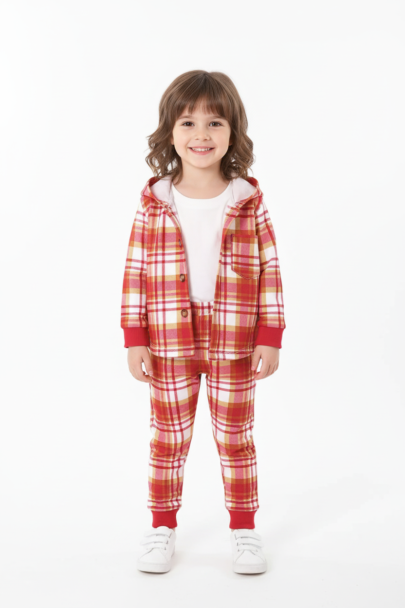 Enfant portant ensemble veste à carreaux boutonnée avec capuche et pantalon coordonné motif carreaux - vue de face complète - style casual chic intemporel - fond blanc studio professionnel - vêtements enfant BabyCoton Suisse
