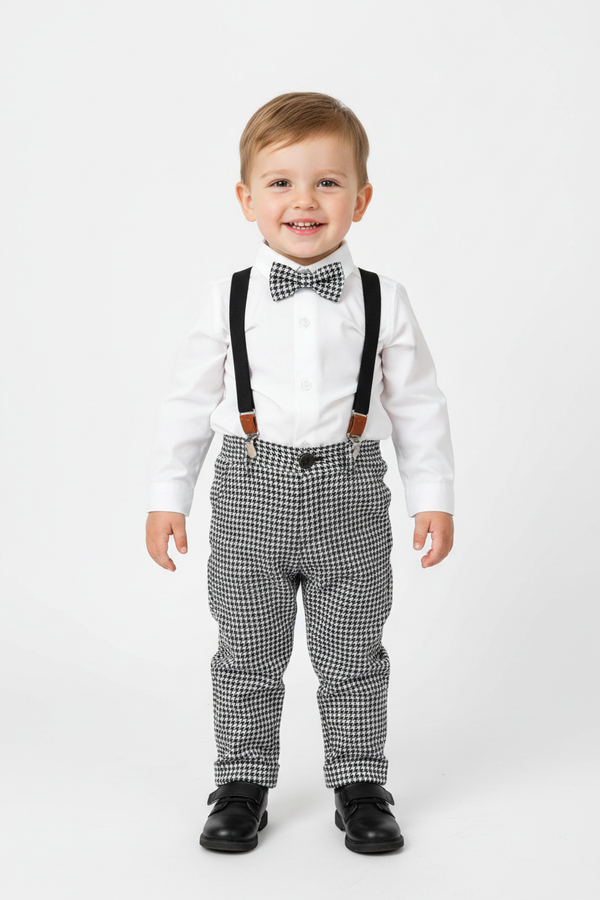 Enfant portant ensemble vintage chemise blanche et pantalon pied-de-poule vue de face fond blanc