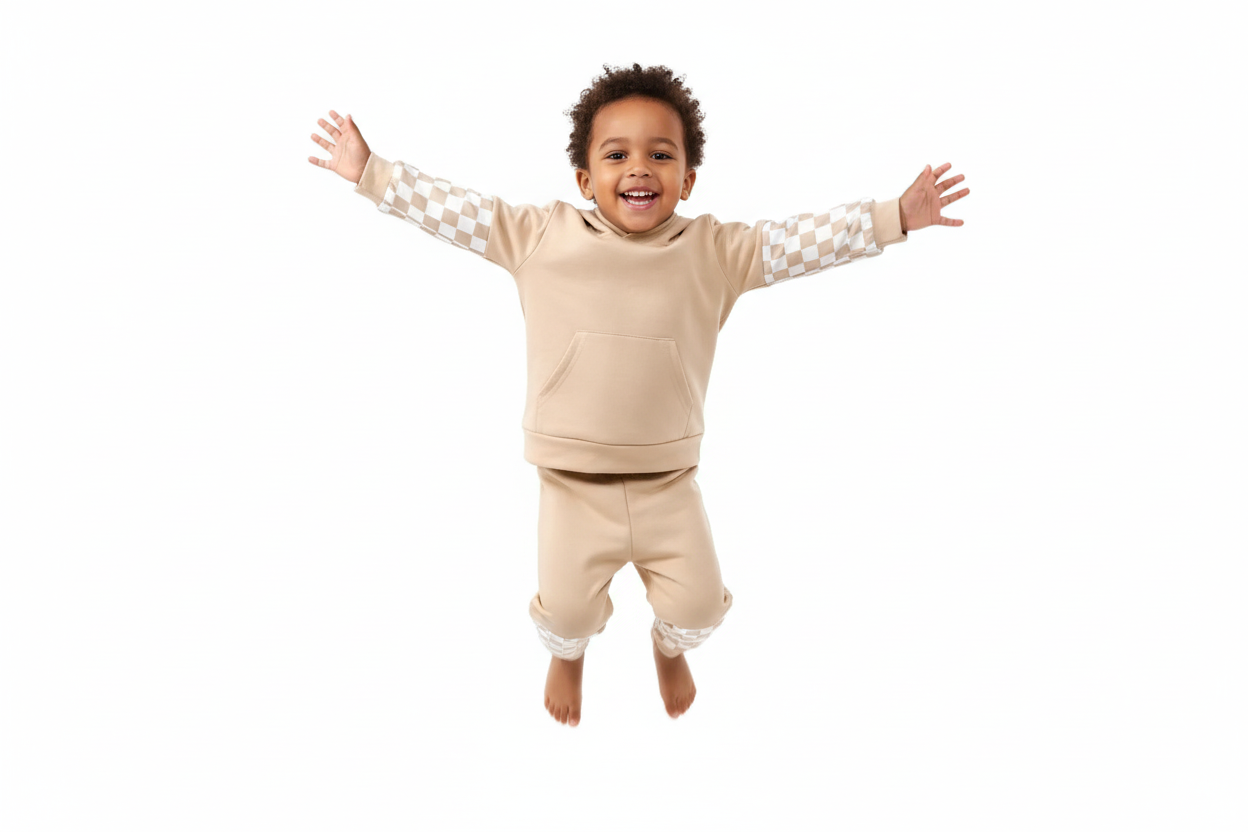 Enfant d'origine diverse sautant en l'air avec joie en portant un ensemble sweat à capuche beige avec motifs à carreaux et pantalon assorti
