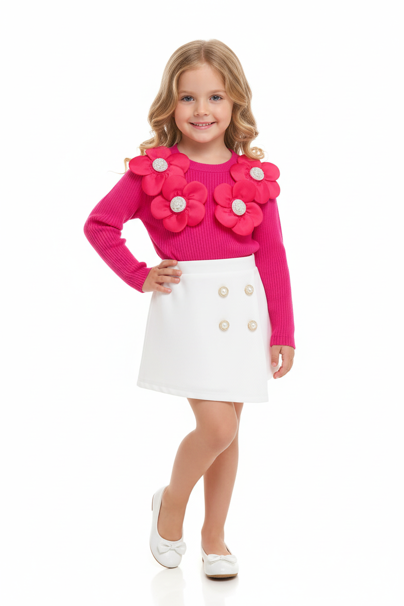  « Fillette portant pull rose fuchsia côtelé avec fleurs 3D et perles et jupe blanche à boutons, courant joyeusement - vue de face »