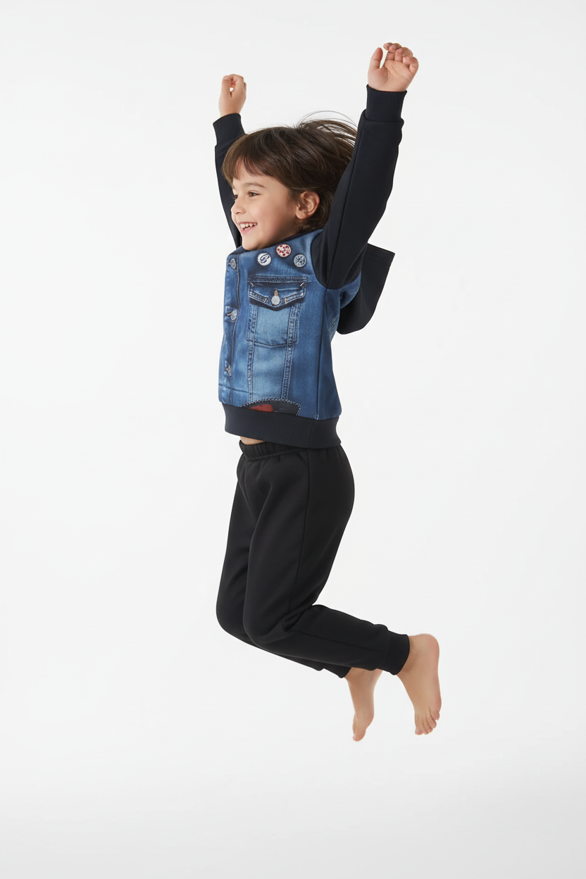  « Enfant tournoyant en ensemble Beloved montrant l’imprimé veste en jean avec badges - vue trois-quarts arrière »