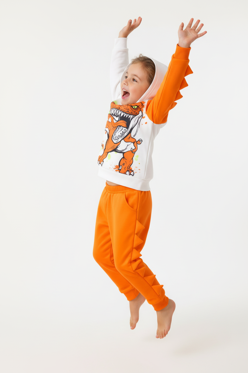  Enfant tournoyant en ensemble dinosaure montrant les picots 3D orange au dos - vue trois-quarts arrière