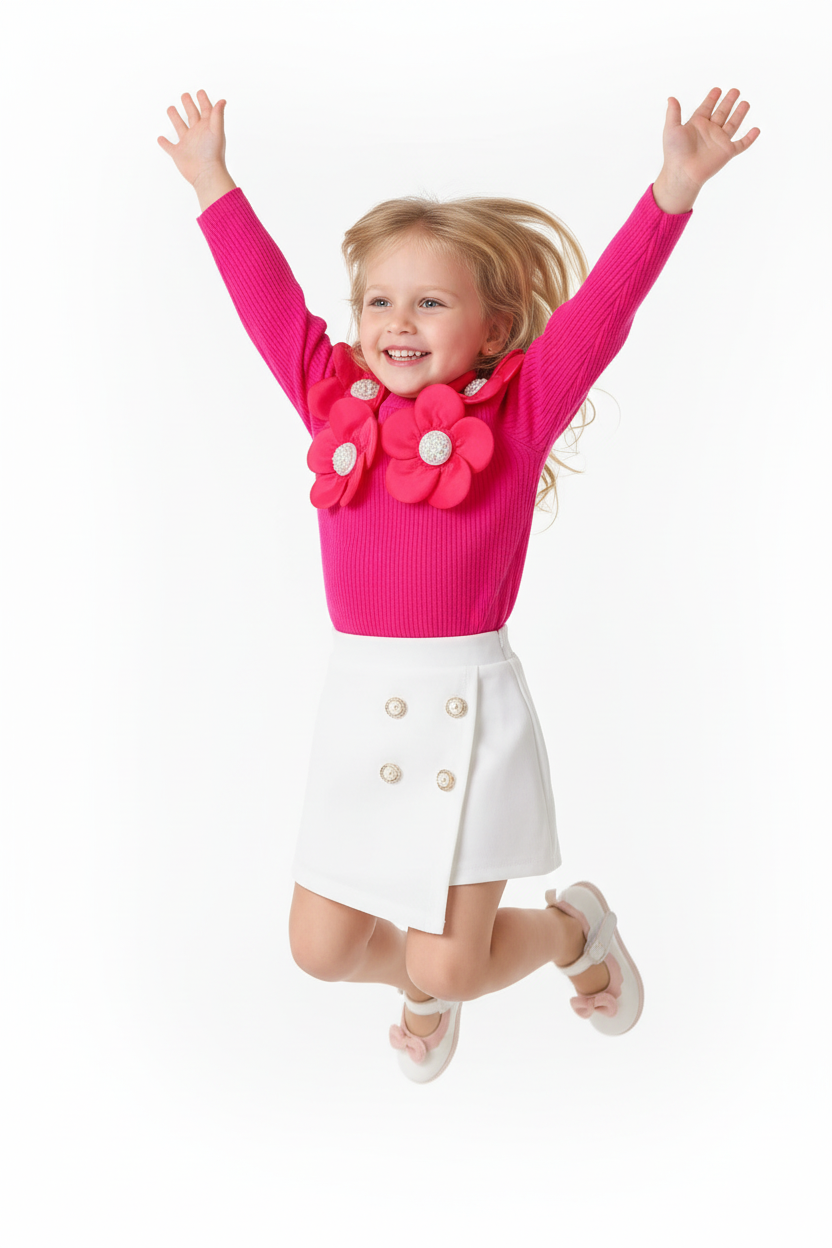 « Fillette posant élégamment main sur la hanche portant pull rose fuchsia à fleurs et jupe blanche boutonnée »