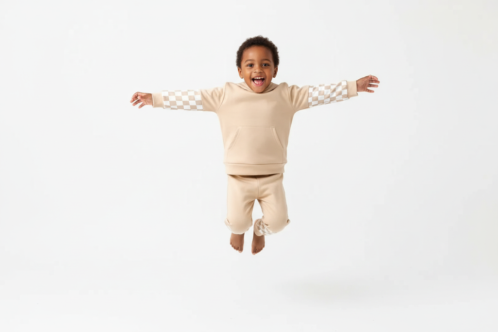 Enfant  sautant en l'air avec joie en portant un ensemble sweat à capuche beige avec motifs à carreaux et pantalon assorti

