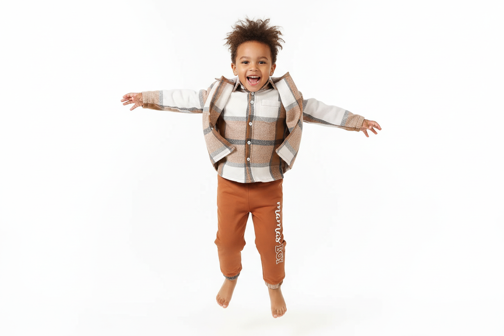 Garçon d'origine diverse sautant en l'air avec joie en portant une chemise boutonnée à carreaux beige et blanc avec pantalon orange
