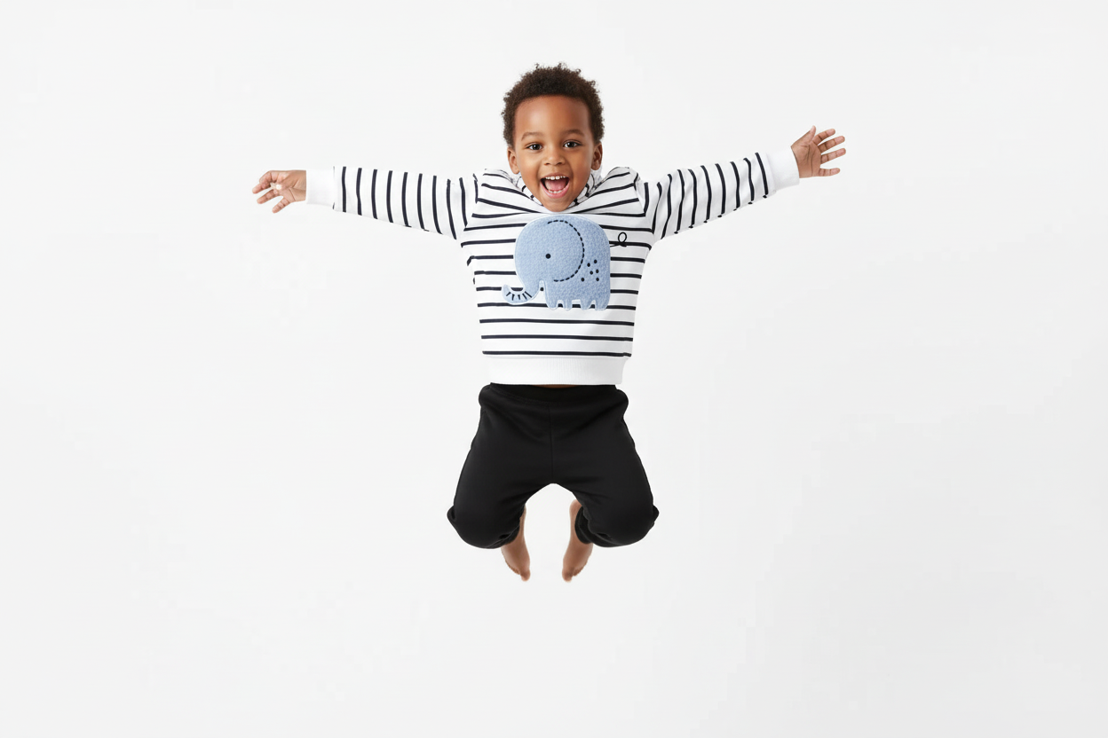 Enfant  sautant en l'air avec joie en portant un hoodie blanc à rayures noires avec appliqué éléphant bleu et pantalon noir
