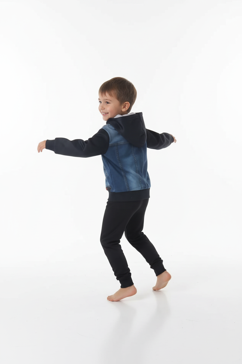 « Enfant accroupi en pose cool portant sweat à capuche Beloved effet jean avec manches noires et pantalon assorti »