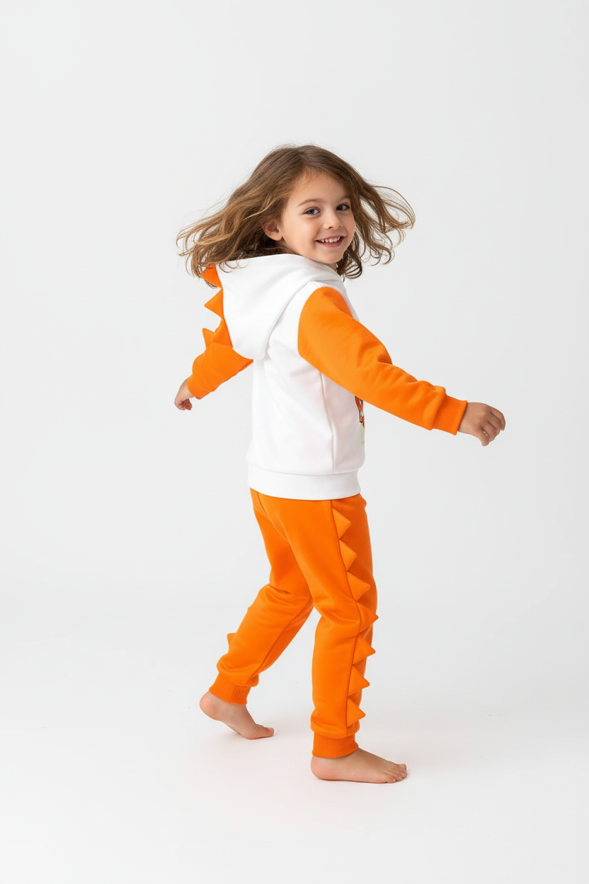 Enfant accroupi en pose dinosaure ludique portant sweat à capuche blanc avec T-Rex orange et pantalon à picots
