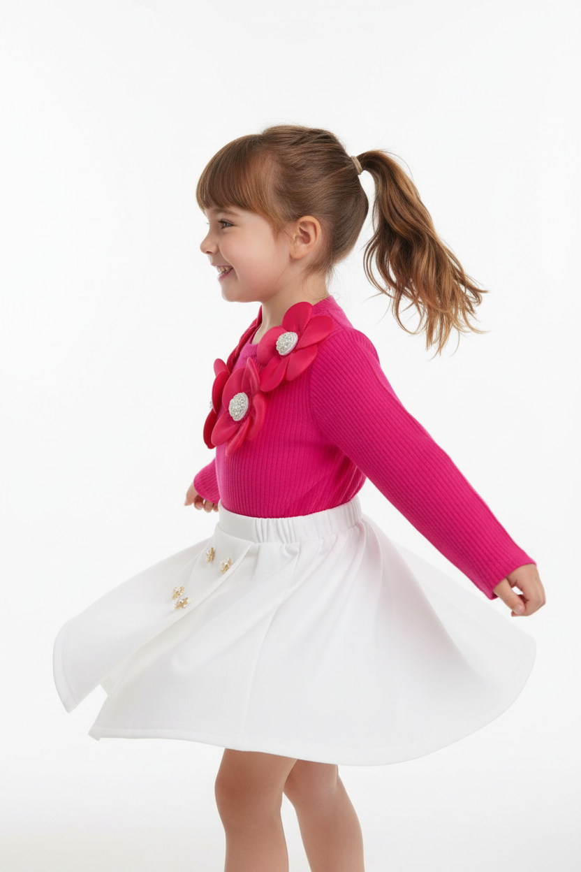 « Fillette sautant bras levés en pull rose avec appliqués floraux 3D et jupe blanche - vue trois-quarts »
