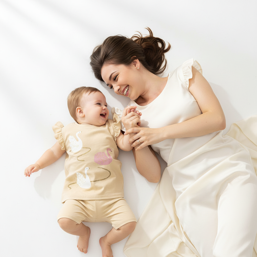Ensemble bébé fille motif cygne — tenue coordonnée beige crème, photo lifestyle maman et bébé fond blanc