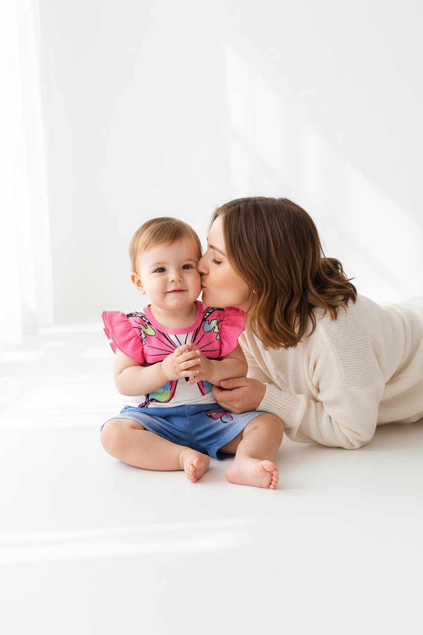 Ensemble bébé fille papillon — top blanc manches volantées rose et short jean bleu, moment câlin maman et bébé fond blanc