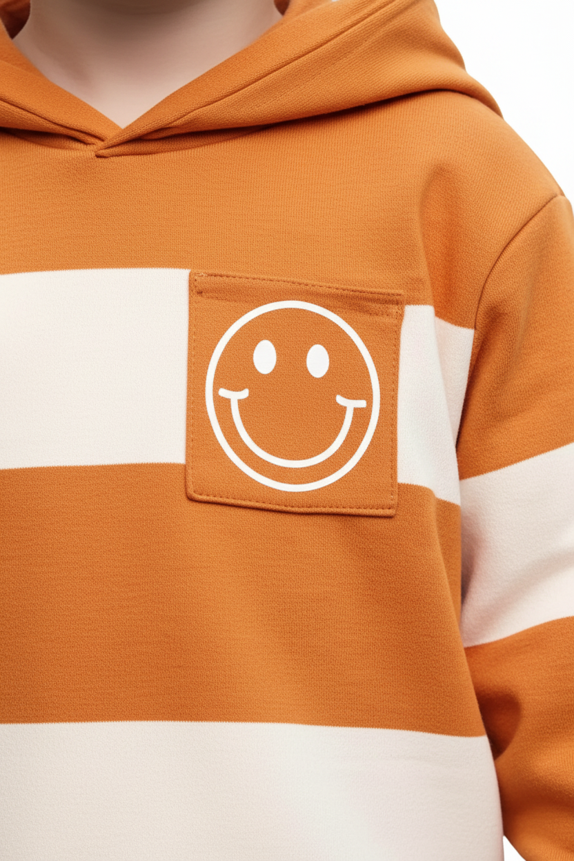 "Gros plan détail ensemble color block - Logo smiley blanc souriant joyeux sur bande orange du sweat à capuche - Détail broderie ou impression logo - Bandes color block orange et blanc contrastantes visibles - Détails finitions qualité - Fond blanc studio - Photo détail produit e-commerce BabyCoton Suisse"