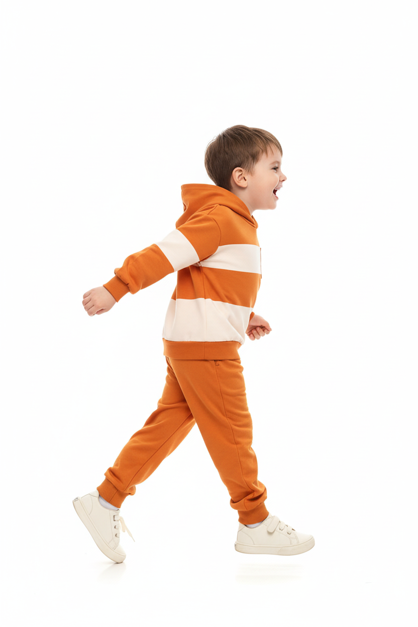 "Enfant 5-6 ans en pose active dynamique - Ensemble sweat à capuche orange et blanc color block avec logo smiley blanc souriant, capuche orange, manches longues avec poignets élastiques - Pantalon jogging orange assorti - Vue de profil latérale montrant silhouette complète de l'ensemble - Coupe sportive confortable moderne - Mouvement naturel et énergique - Fond blanc studio professionnel - Photo produit lifestyle premium BabyCoton Suisse - Style casual sportif enfant 3-8 ans"


