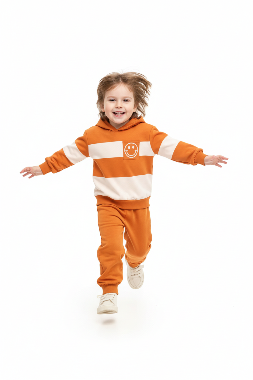 "Enfant 4-6 ans courant joyeusement en plein mouvement - Ensemble 2 pièces sweat à capuche orange et blanc color block avec larges bandes horizontales contrastantes, logo smiley blanc souriant sur poitrine, capuche orange, manches longues avec poignets élastiques orange - Pantalon jogging orange assorti avec taille et chevilles élastiques - Vue de face complète corps entier - Bras qui bougent naturellement - Tenue sportive décontractée confortable - Fond blanc studio professionnel - Photo lifestyle e-commer
