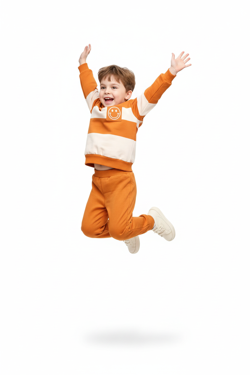 "Enfant 5-6 ans sautant de joie bras levés - Ensemble sweat à capuche orange et blanc rayé color block avec logo smiley blanc joyeux, capuche orange vif, manches longues - Pantalon jogging orange coordonné - Vue trois-quarts angle diagonal montrant mouvement dynamique - Tenue casual sportive - Fond blanc studio professionnel - Photo produit lifestyle action BabyCoton Suisse - Style décontracté énergique enfant"
